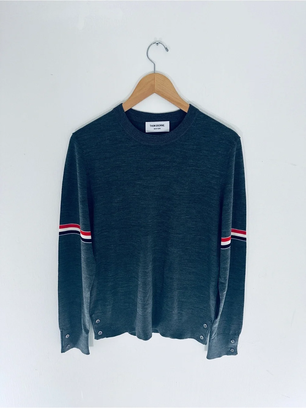Thom Browne Men's Gray Light Crewneck Sweater with Sleeve Stripes 100% Authentic